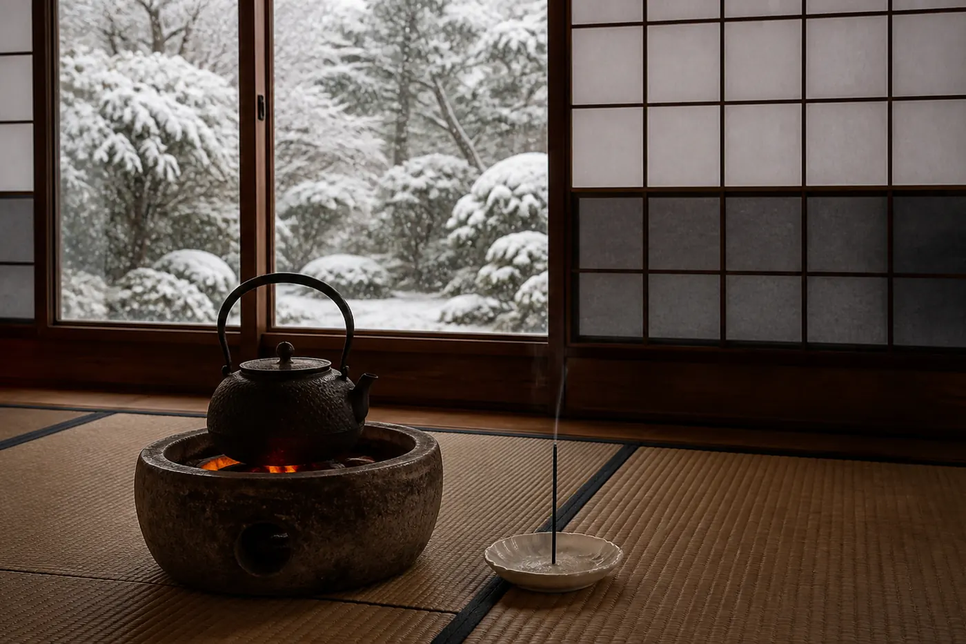 雪見障子の向こうに雪が見える冬の和室