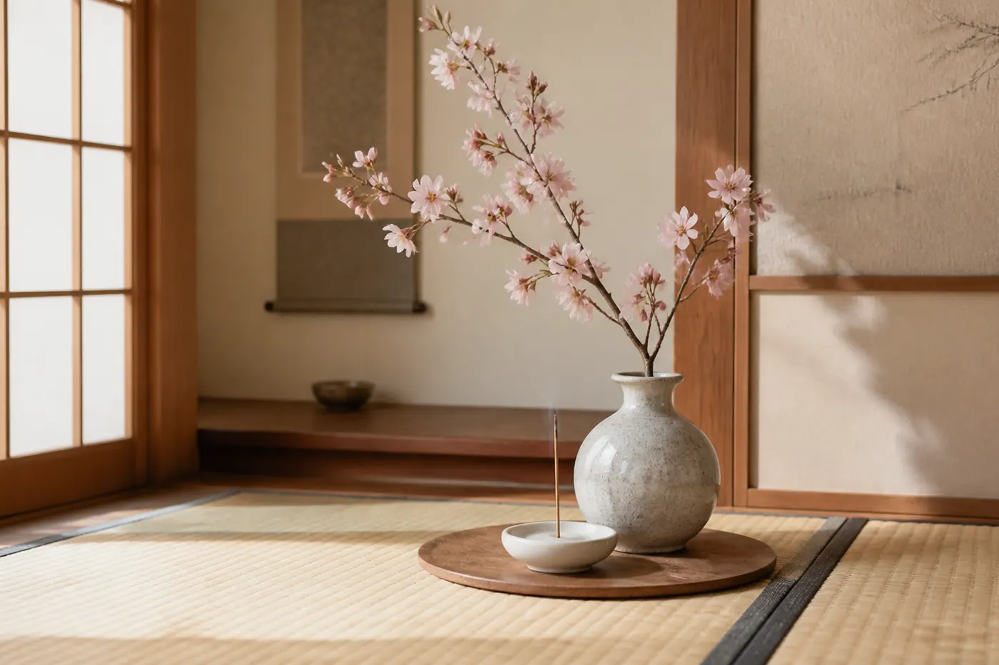 障子越しの春の光が差す和室と、一枝の桜