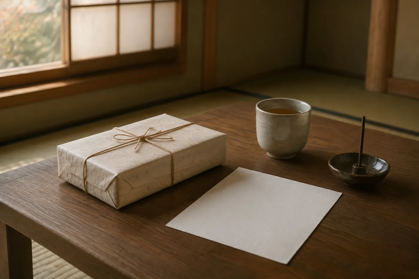 敬老の日の贈り物として、和紙の包みに添えられたお香の箱と手書きのメッセージカード