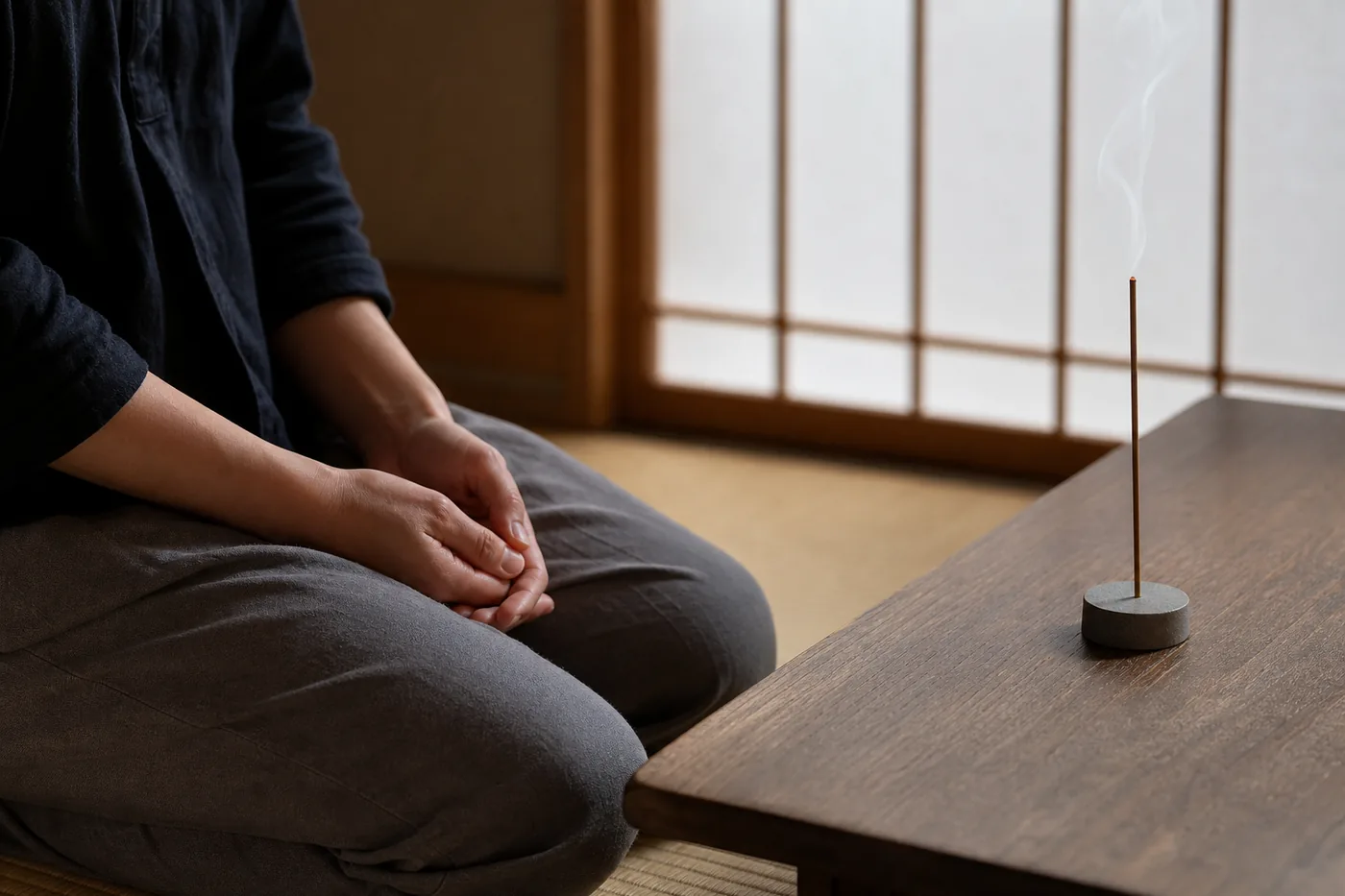畳の部屋で、香立てのお香のそばに手を置いてくつろぐ人