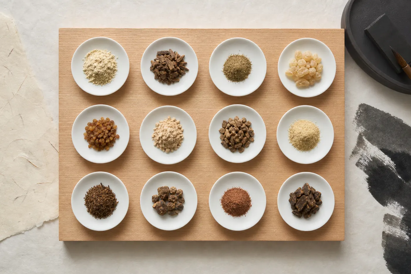 小皿に少量ずつ盛られた香原料の俯瞰