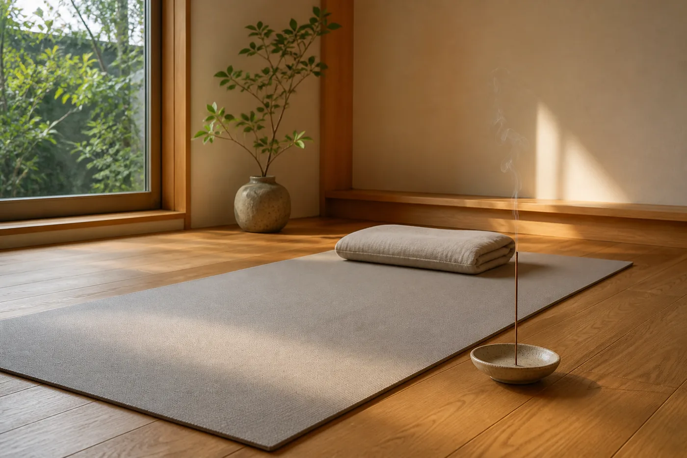 朝の部屋に敷かれたヨガマットと、そばで焚かれるお香