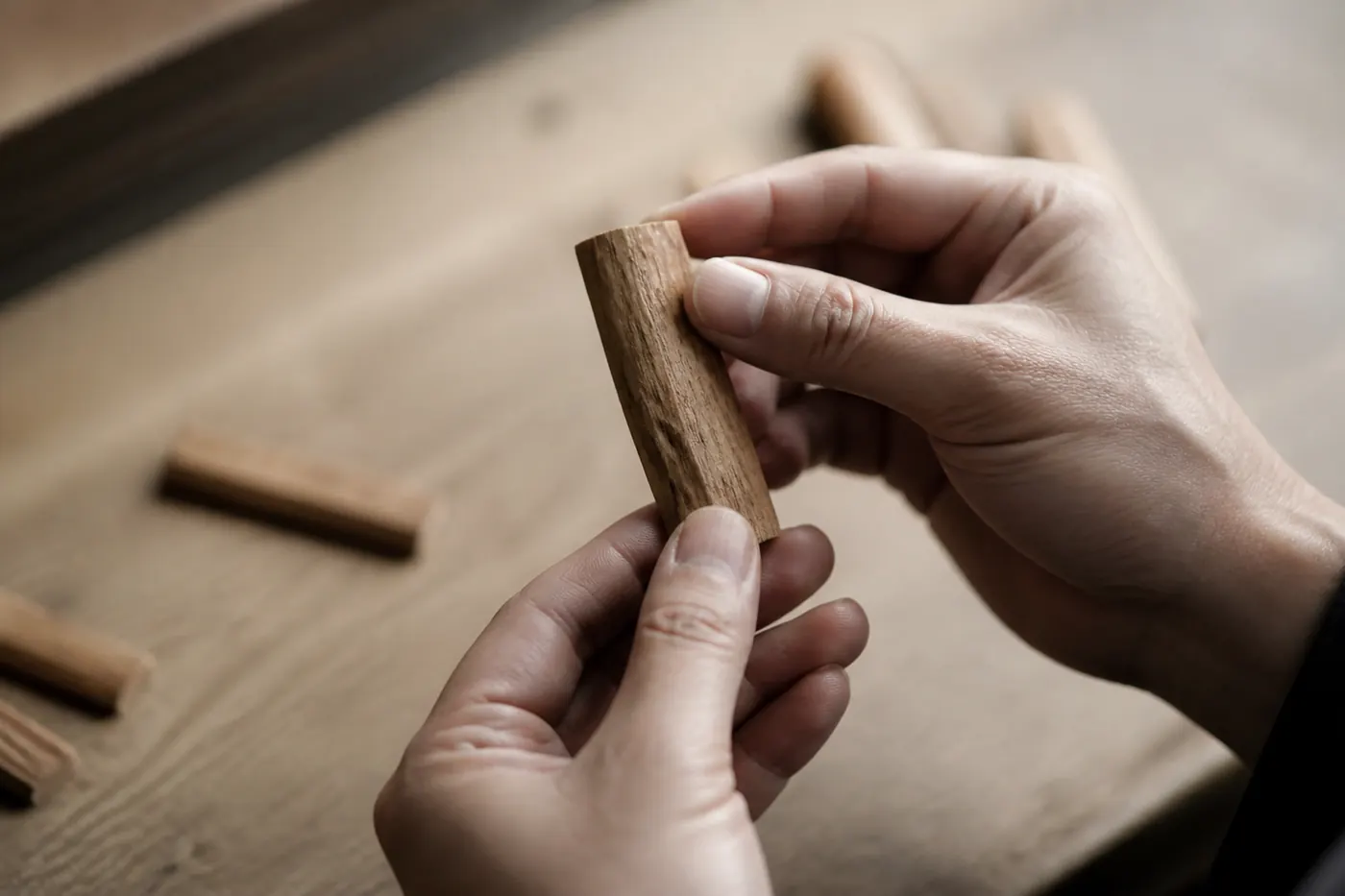 白檀の木片を目の高さで確かめている手元