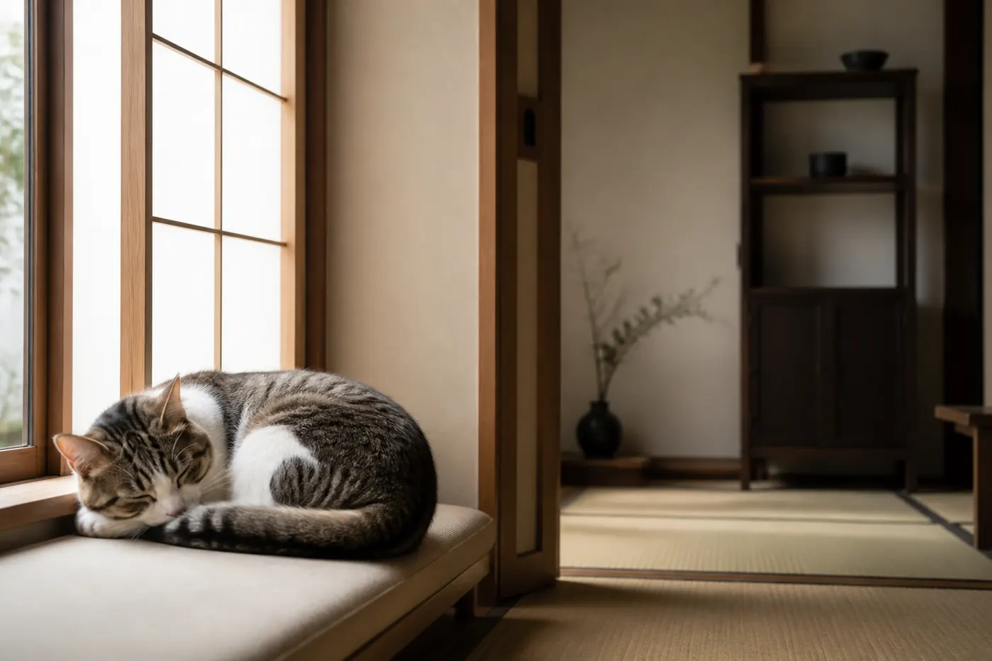 窓辺で眠る猫と、離れた棚の香皿