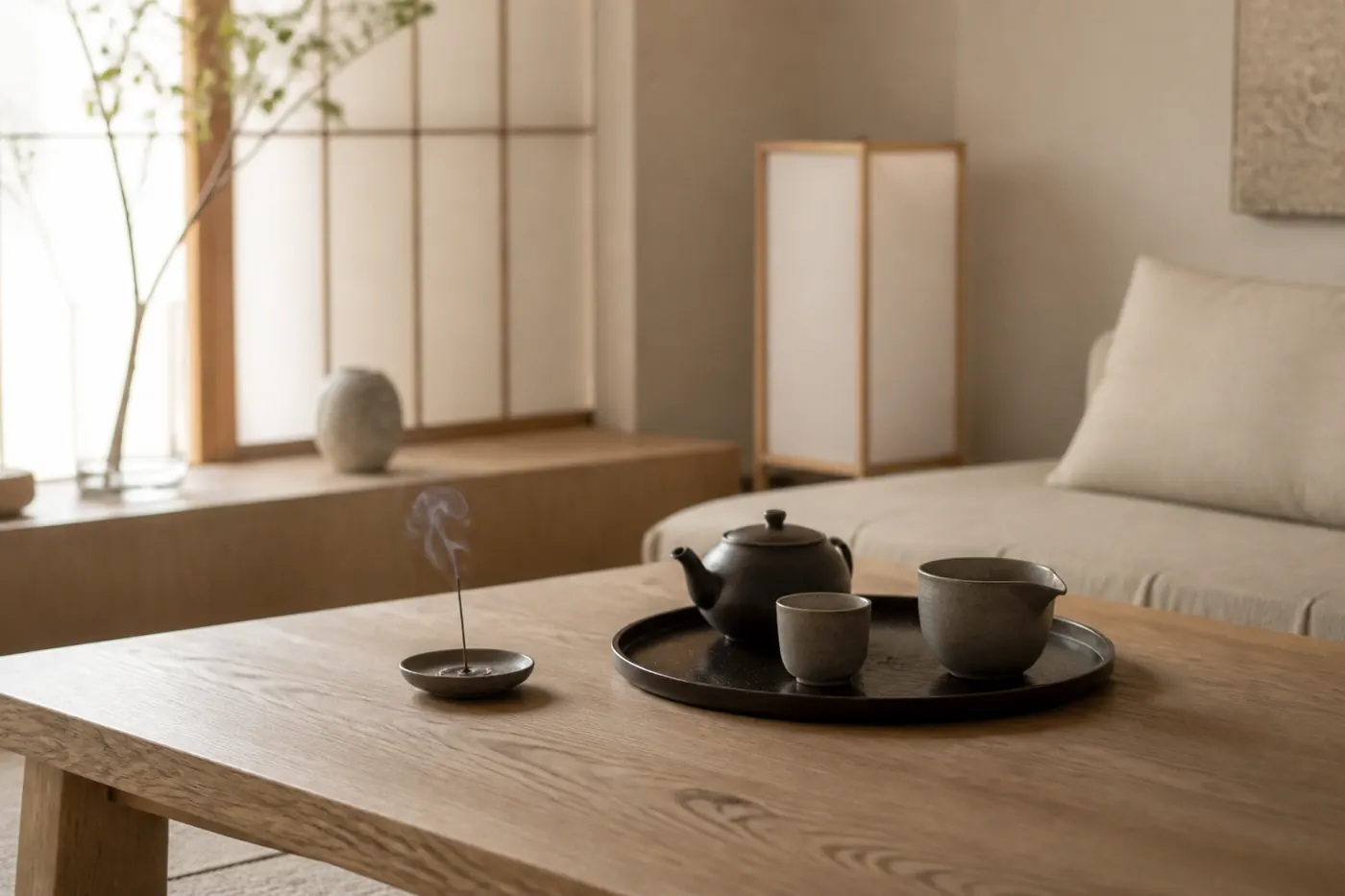 整えられたリビングのローテーブルと茶器