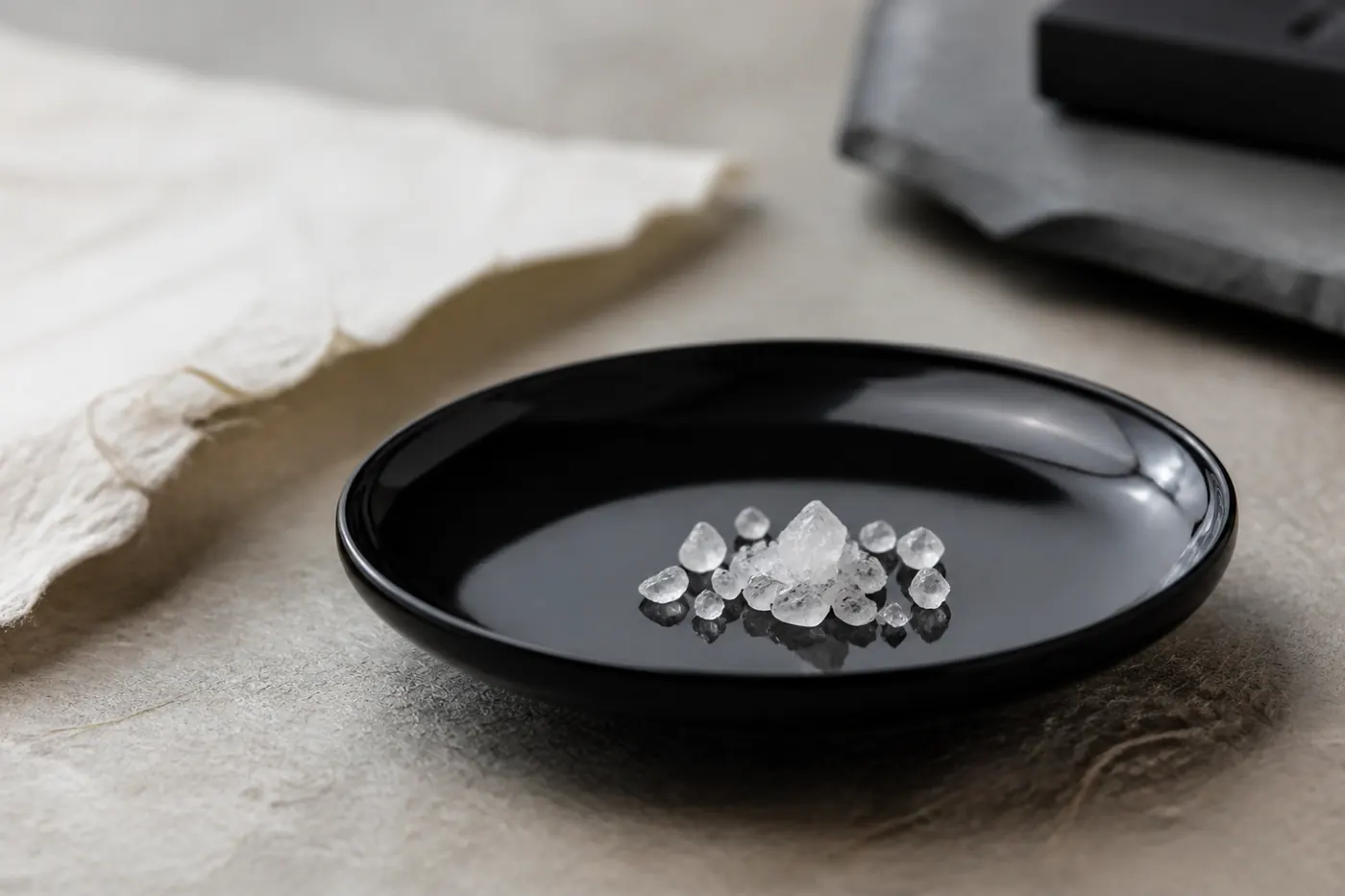 黒い漆の小皿に載せた白く透明感のある結晶