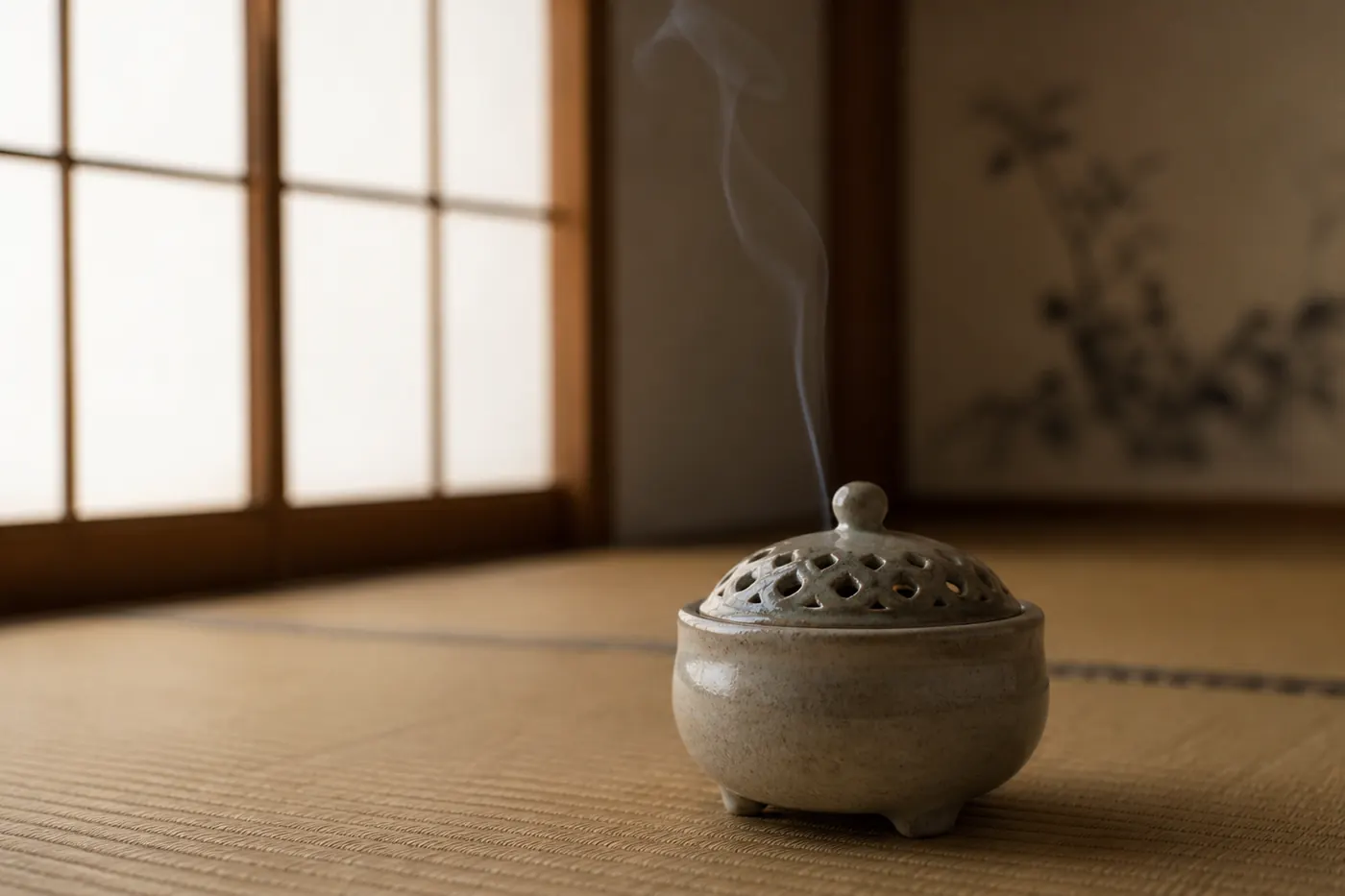 透かし蓋の香炉から立ちのぼる細い煙