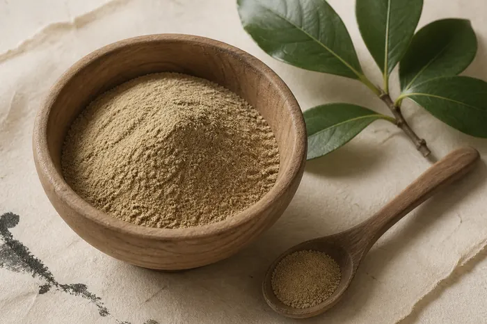 木の鉢に盛られた淡い茶色の粉と、木のさじ、タブノキの葉