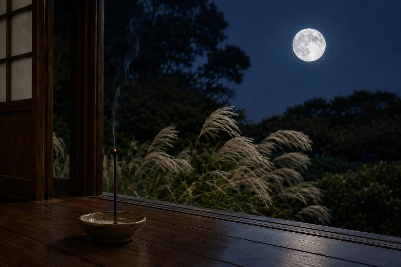 窓辺に置いた香立てからお香の煙が立ちのぼり、その向こうに秋の満月が見える夜の風景