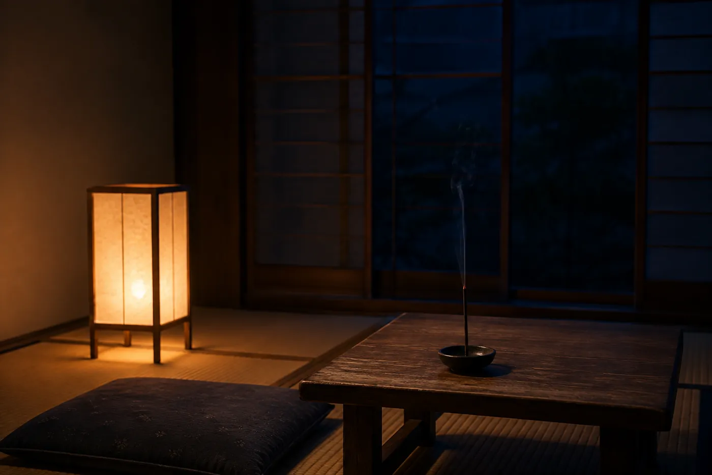秋の夜、灯りを落とした部屋で本と湯呑みのそばに立てたお香から細く煙が上がっている