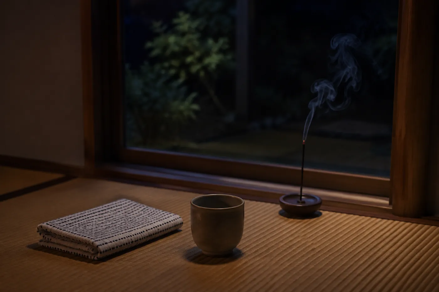 湯上がりの夜、寝室のサイドテーブルで一本のお香が静かに煙をあげている