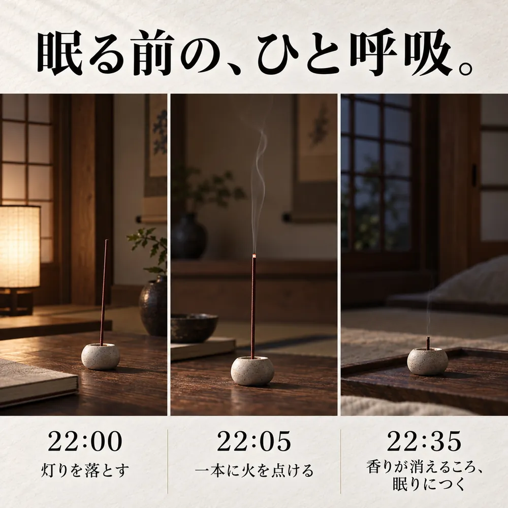 眠る前の、ひと呼吸。22:00 灯りを落とす、22:05 一本に火を点ける、22:35 香りが消えるころ眠りにつく