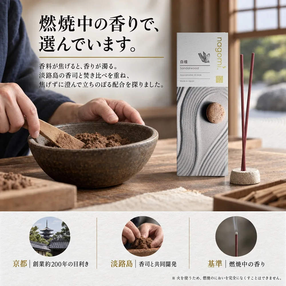 燃焼中の香りで、選んでいます。淡路島の香司と焚き比べを重ね、焦げずに澄んで立ちのぼる配合を探りました