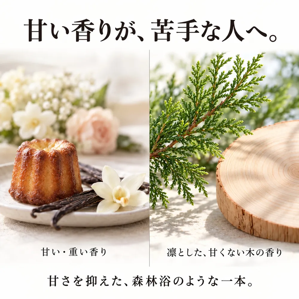 甘い香りが、苦手な人へ。甘い・重い香りと、凛とした甘くない木の香りの比較
