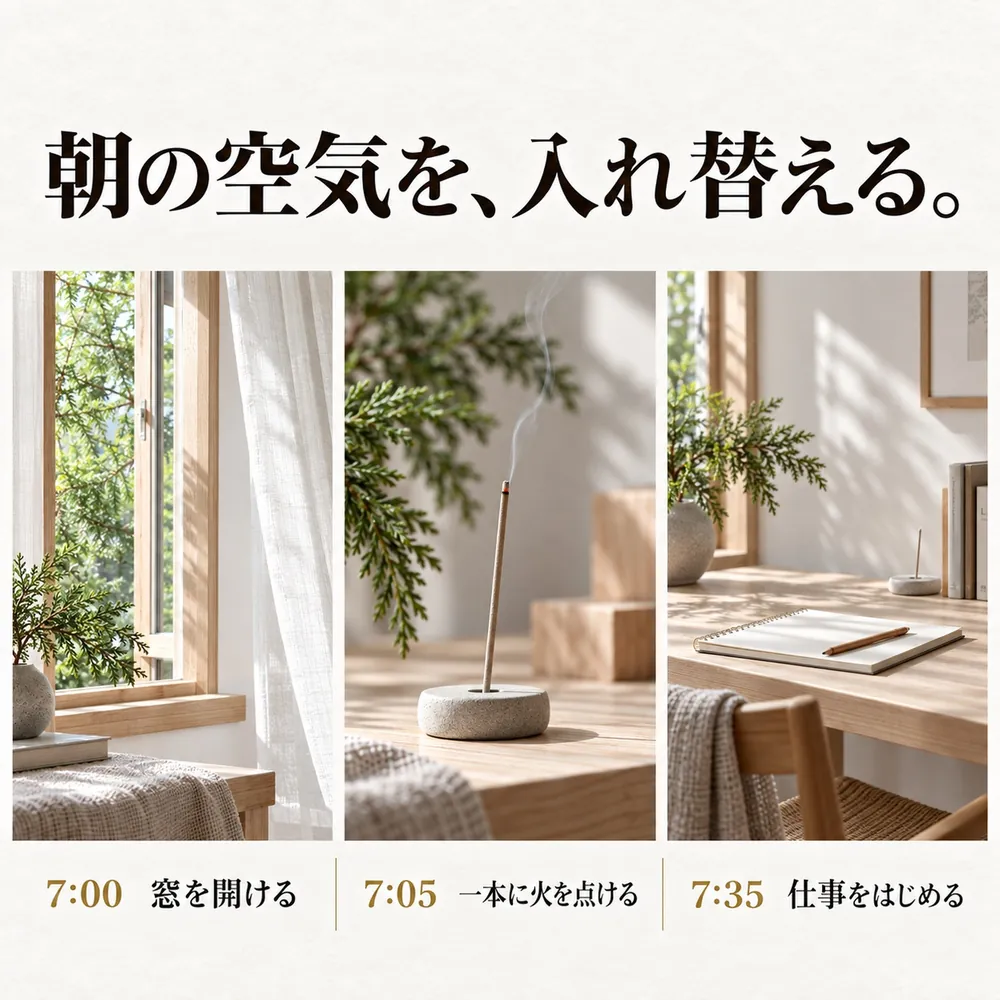 朝の空気を、入れ替える。7:00 窓を開ける、7:05 一本に火を点ける、7:35 仕事をはじめる
